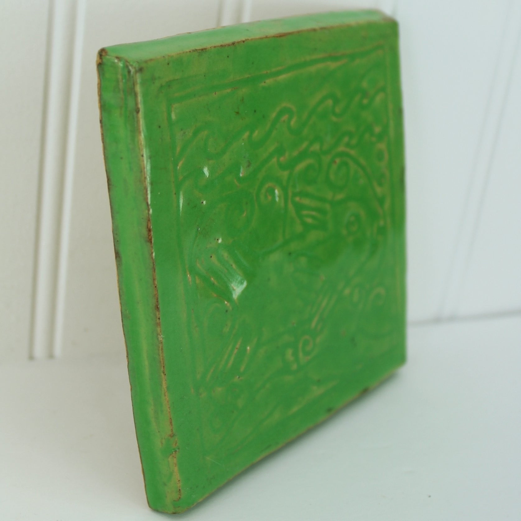 Our Way School Vintage Student Hand Made Tile Green Glazed Fish signed Mary Warren