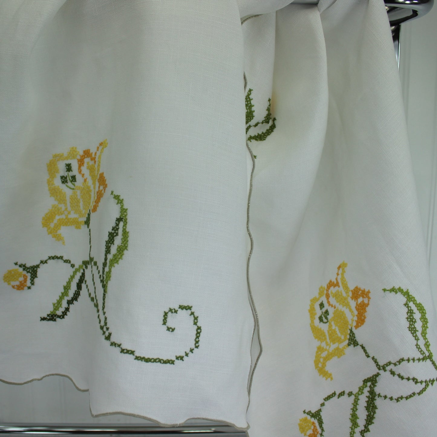 White Table Runner Heavy Linen Cross Stitch Embroidered Yellow Greens DIY Purse Fabric closeup photo design