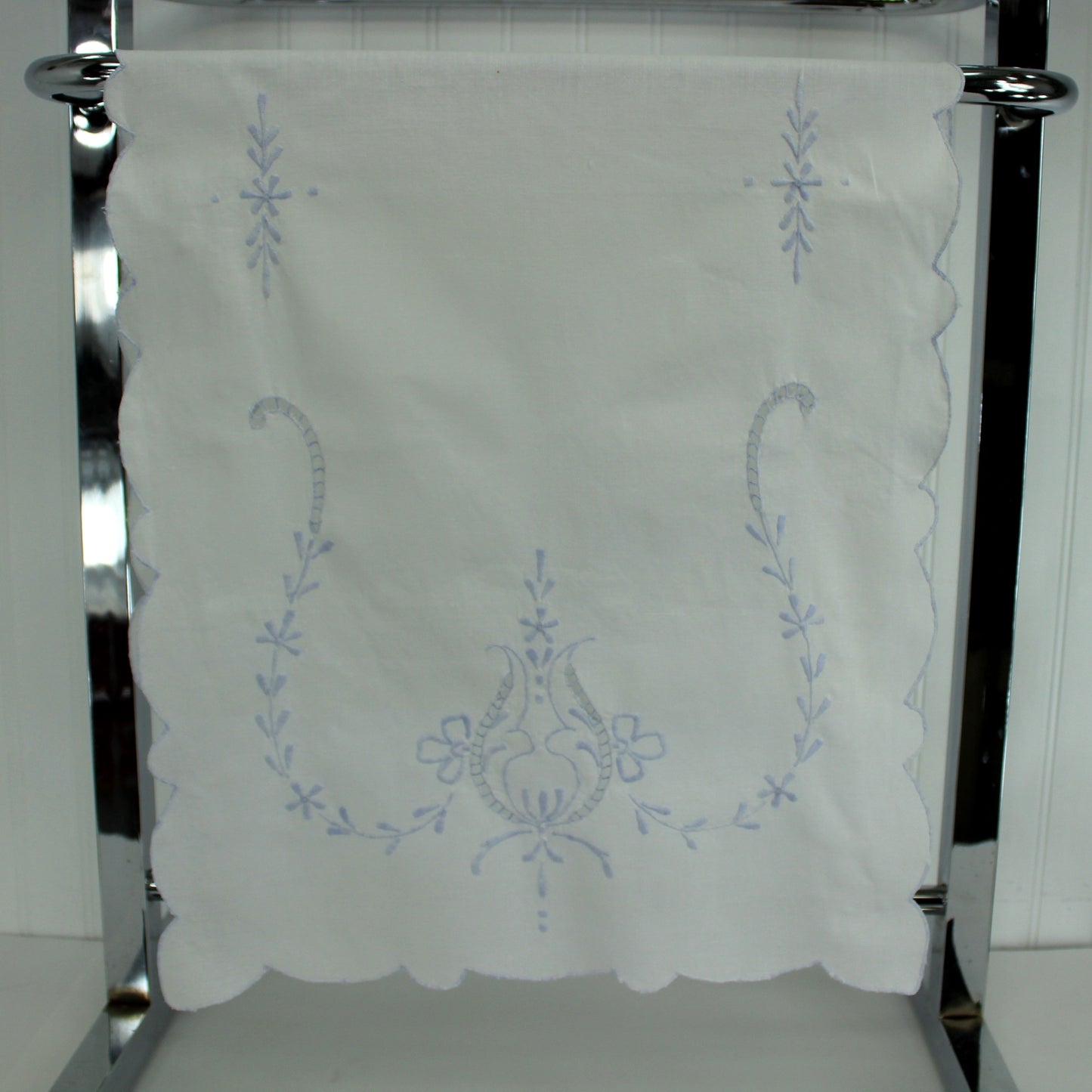 White Table Runner Embroidered Pale Blue 33" X 16" closeup 1/2 runner
