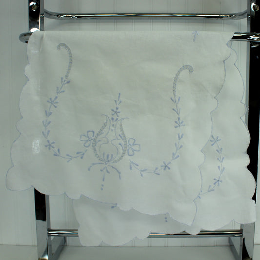 White Table Runner Embroidered Pale Blue 33" X 16"