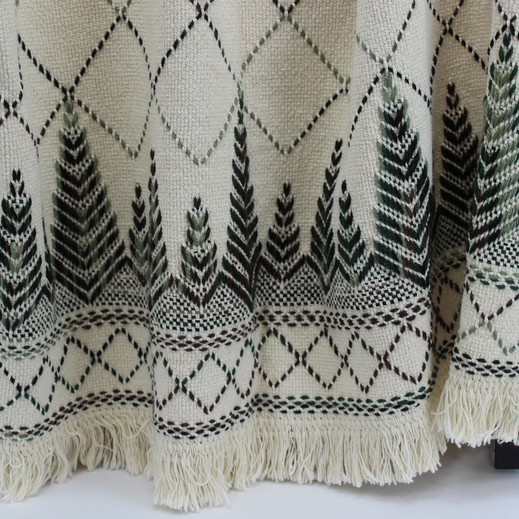Huck Swedish Embroidery Cotton Throw Blanket Traditional Design Green Black Brown closeup view f design