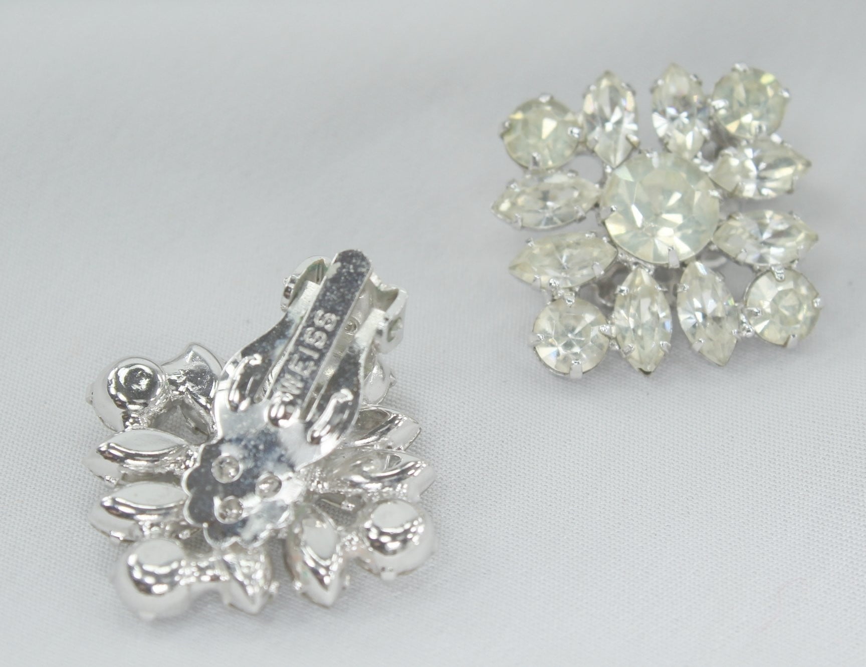 WEISS Vintage Earrings Clips 13 Rhinestones Prong Set Diamond Shape Design 1 1/8"