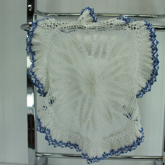 Large Round Crochet Doily Tablecloth White Heavy Blue Ruffle 21" Diameter
