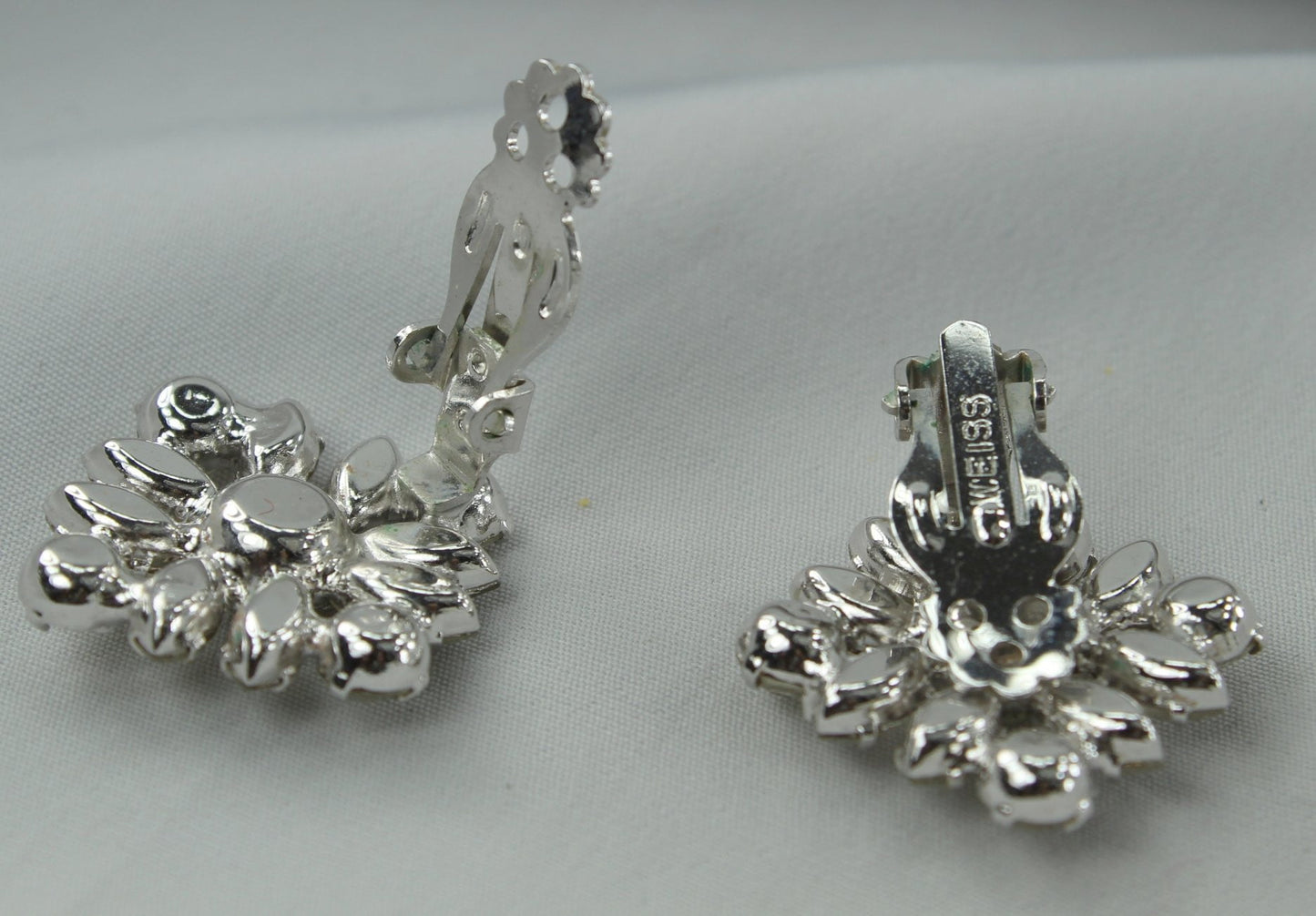 WEISS Vintage Earrings Clips 13 Rhinestones Prong Set Diamond Shape Design mid century
