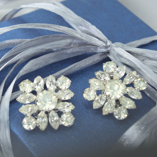 WEISS Vintage Earrings Clips 13 Rhinestones Prong Set Diamond Shape Design