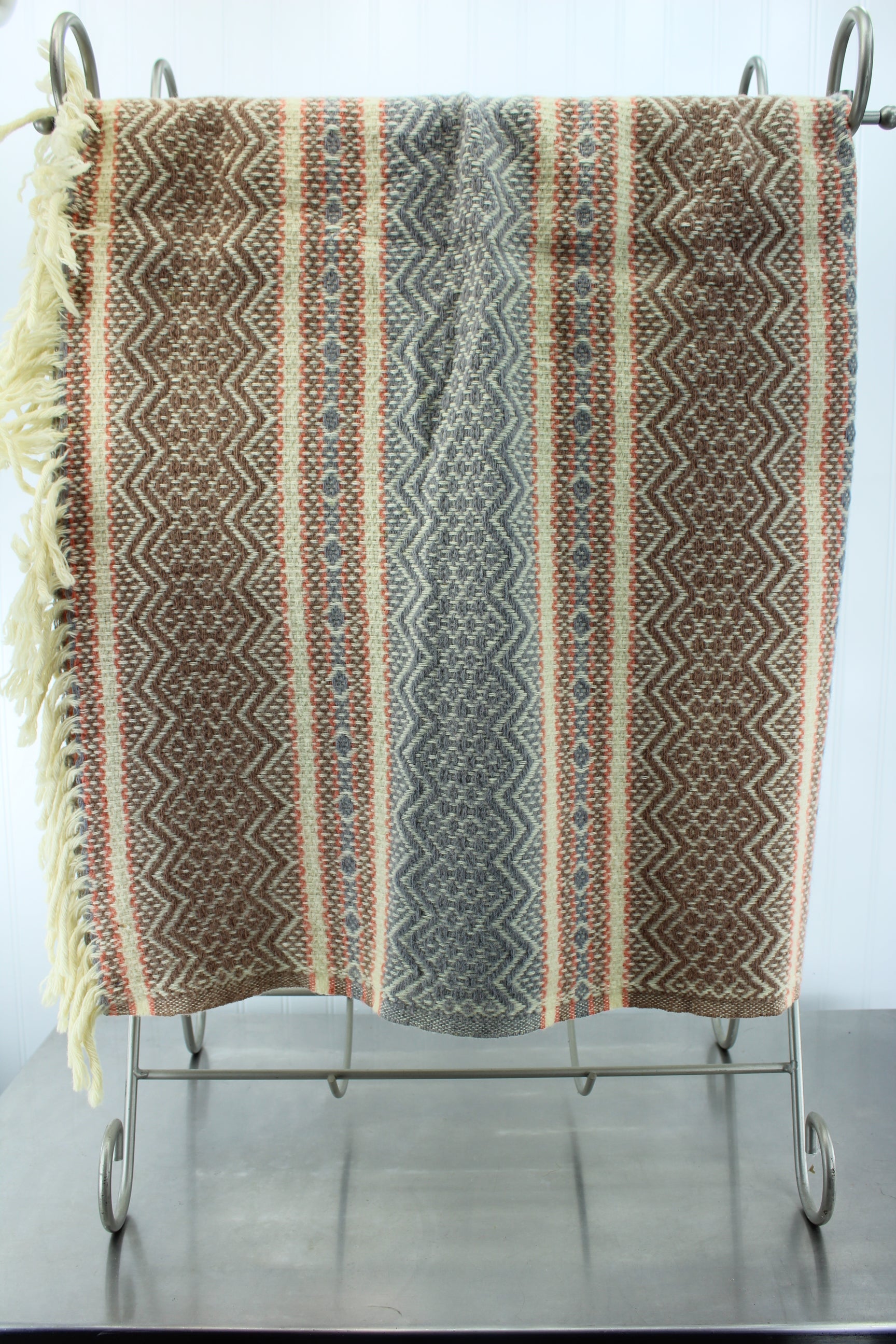 Faribault MN USA Wool Throw - Southwest Linear Design Ivory Coral Blue - 44" X 43" favorite