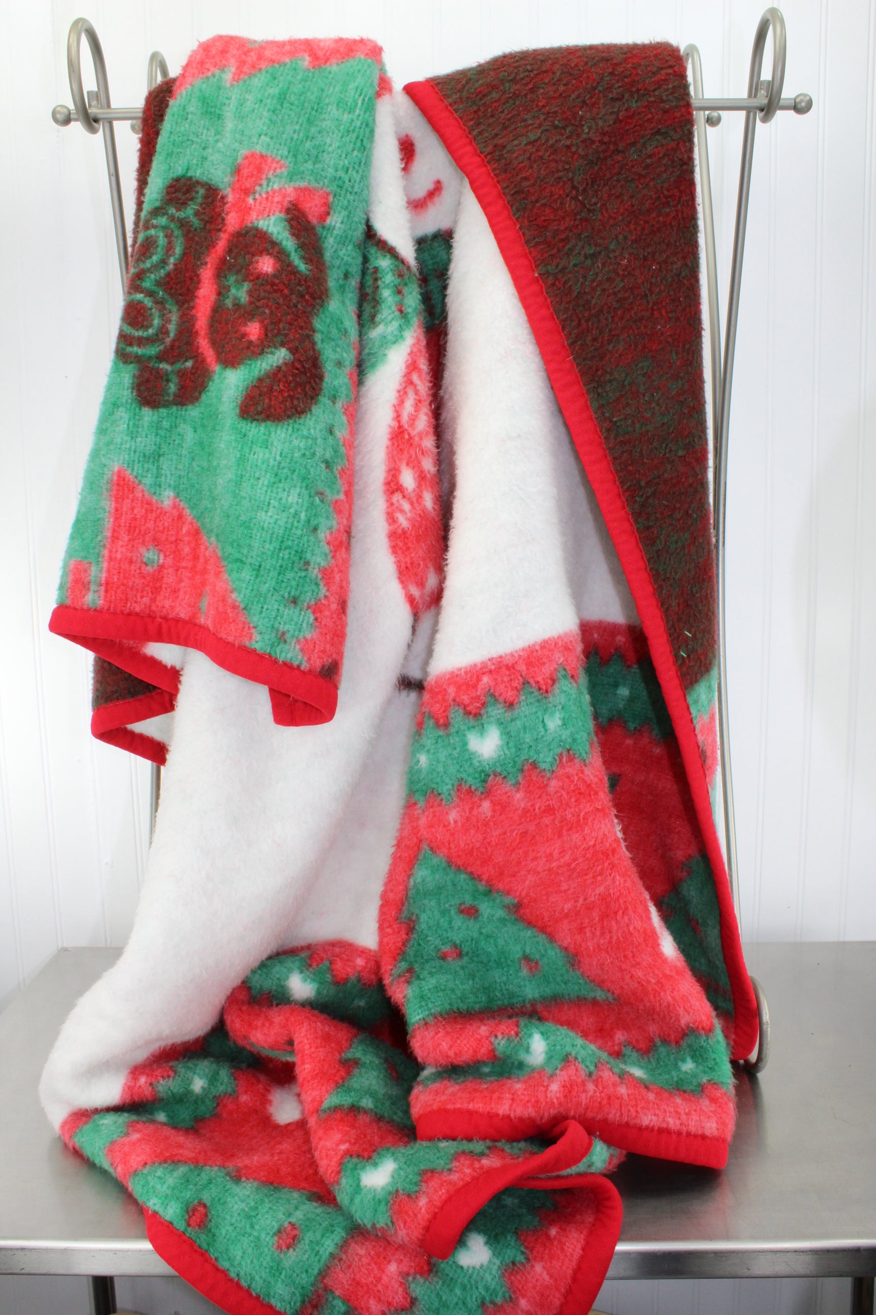 Biederlack Acrylic Blend Reversible Throw Blanket - Favorite Holiday Blanket Bunnies Trees decorated trees