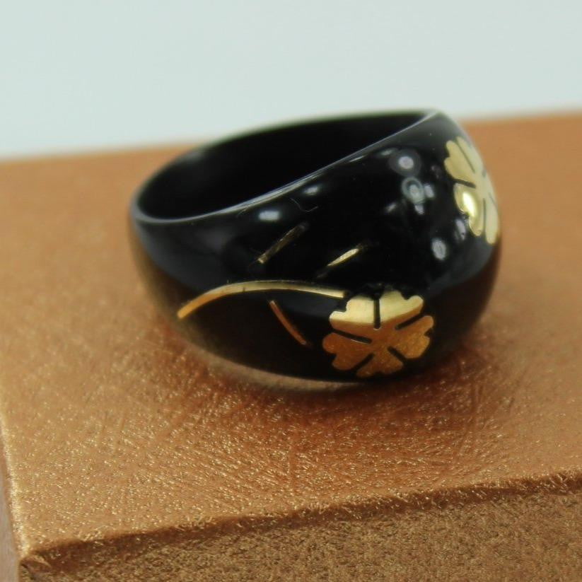 Black Lucite Ring Gold Flower Inlay Exquisite Vintage Dome Promise Ring rare