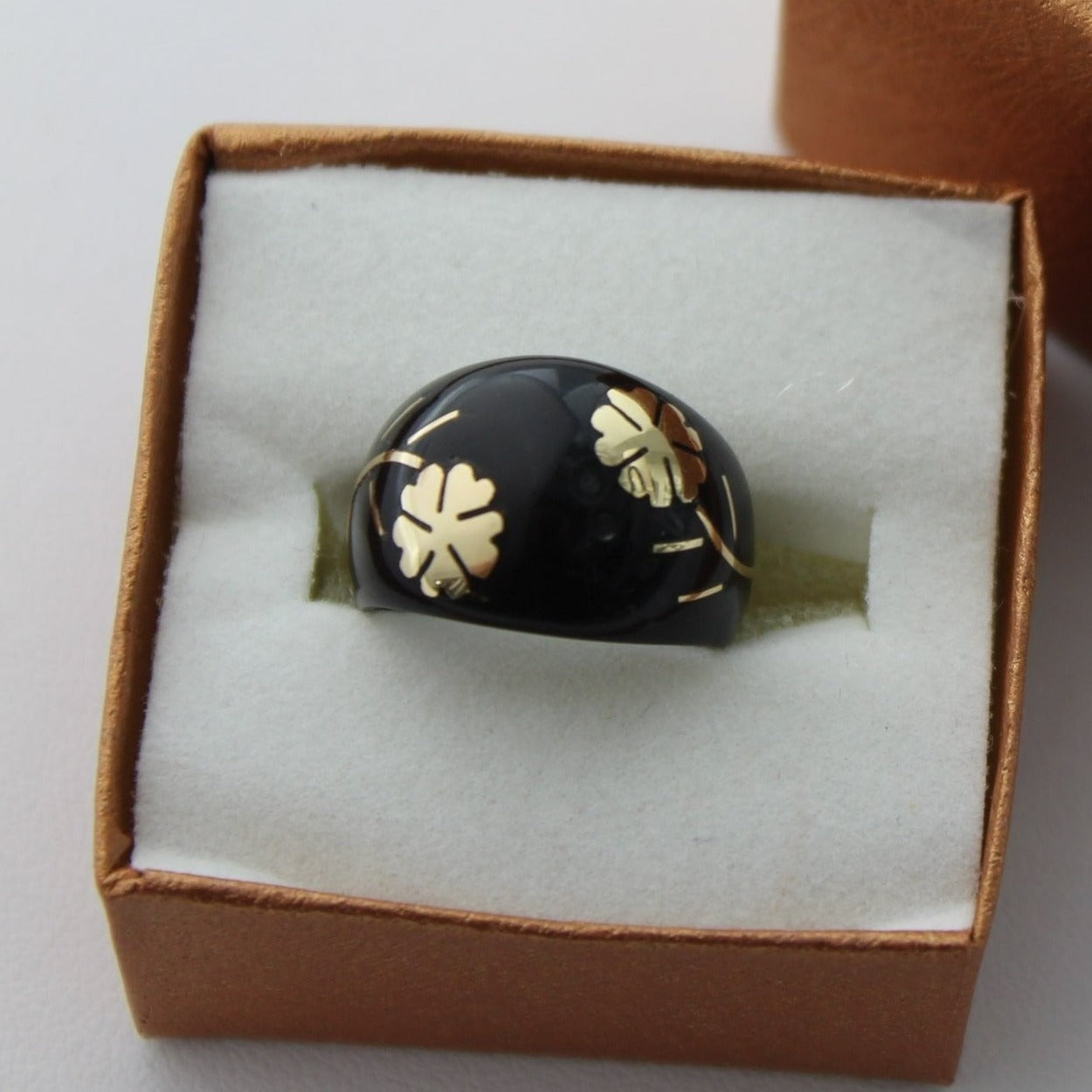 Black Lucite Ring Gold Flower Inlay Exquisite Vintage Dome Promise Ring