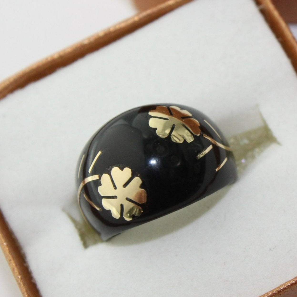 Black Lucite Ring Gold Flower Inlay Exquisite Vintage Dome Promise Ring designer