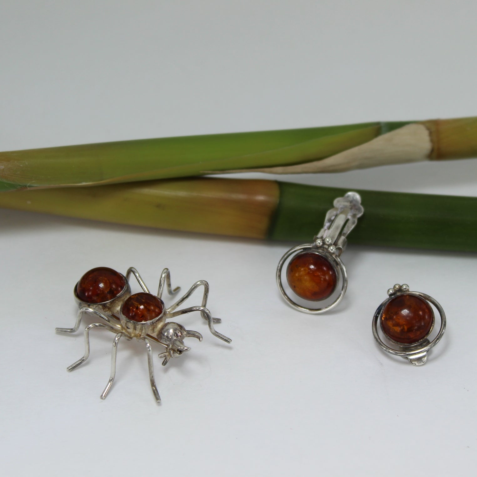 Amber Sterling Spider Pin Amber Sterling Clip Earrings