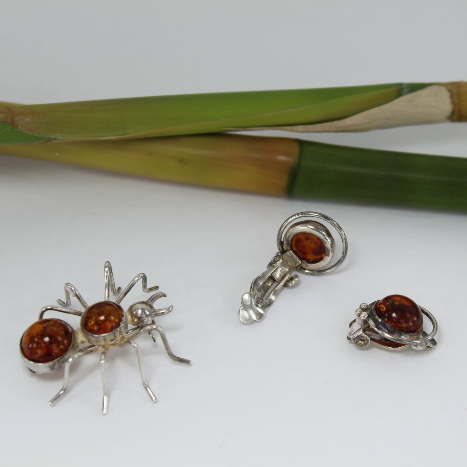 Amber Sterling Spider Pin Amber Sterling Clip Earrings nicely detailed insect