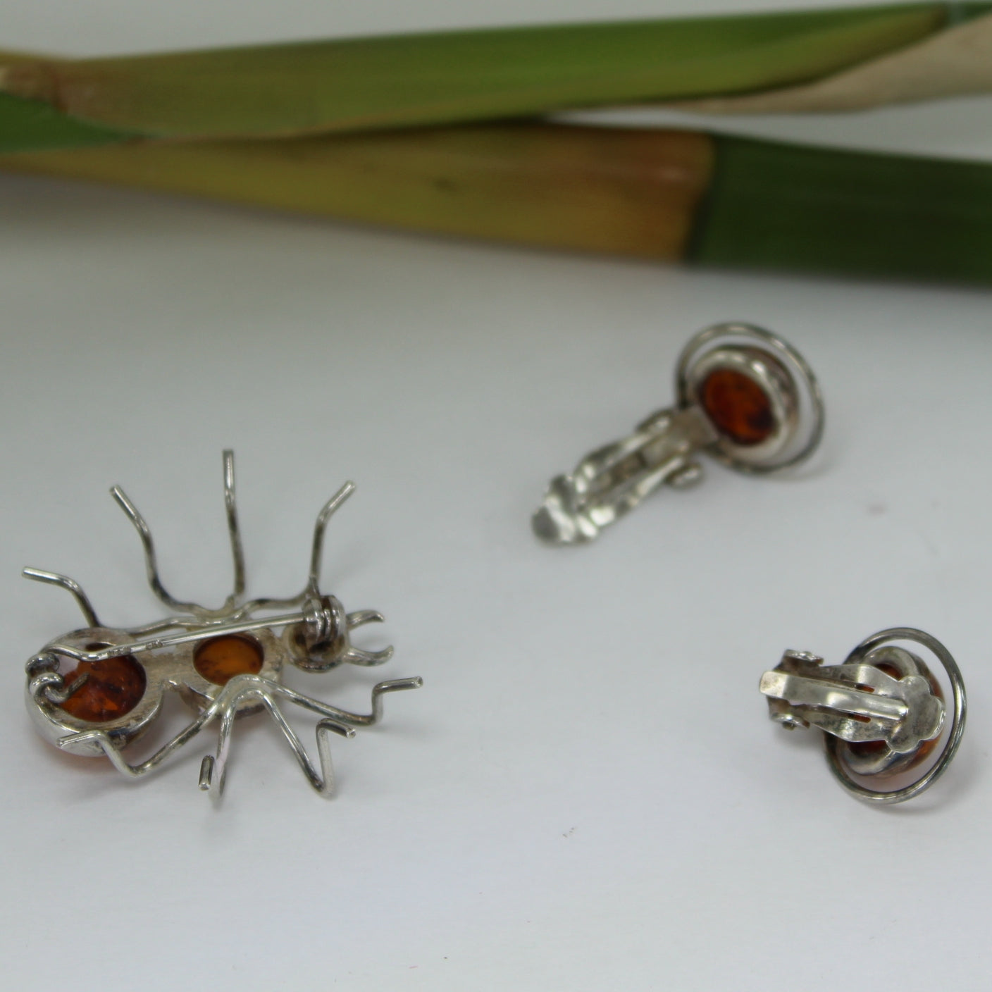 Amber Sterling Spider Pin Amber Sterling Clip Earrings reverse photos