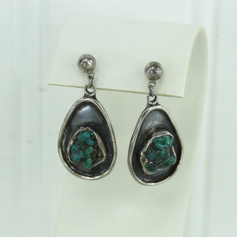 Turquoise Nugget Earrings Silver Ovals Ball Stud Vintage Unmarked natural nugget turquoise earrings