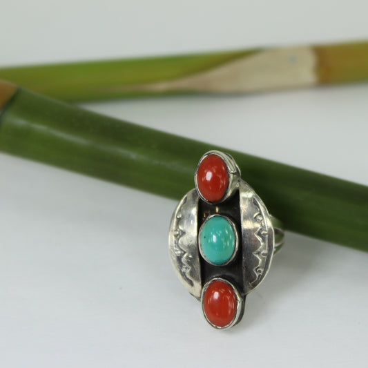 Native American Sterling Turquoise Coral Ring Framed Silver Symbols