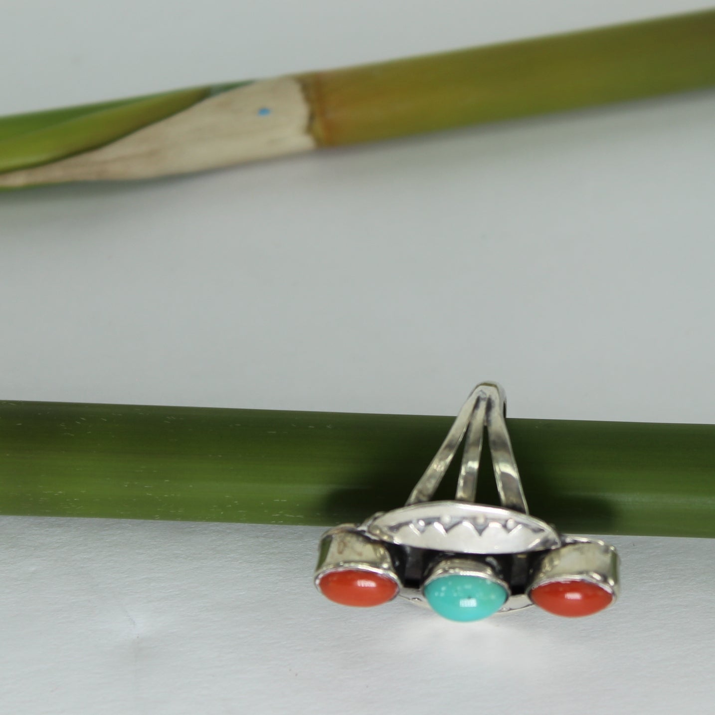 Native American Sterling Turquoise Coral Ring Framed Silver Symbols lovely stones set well