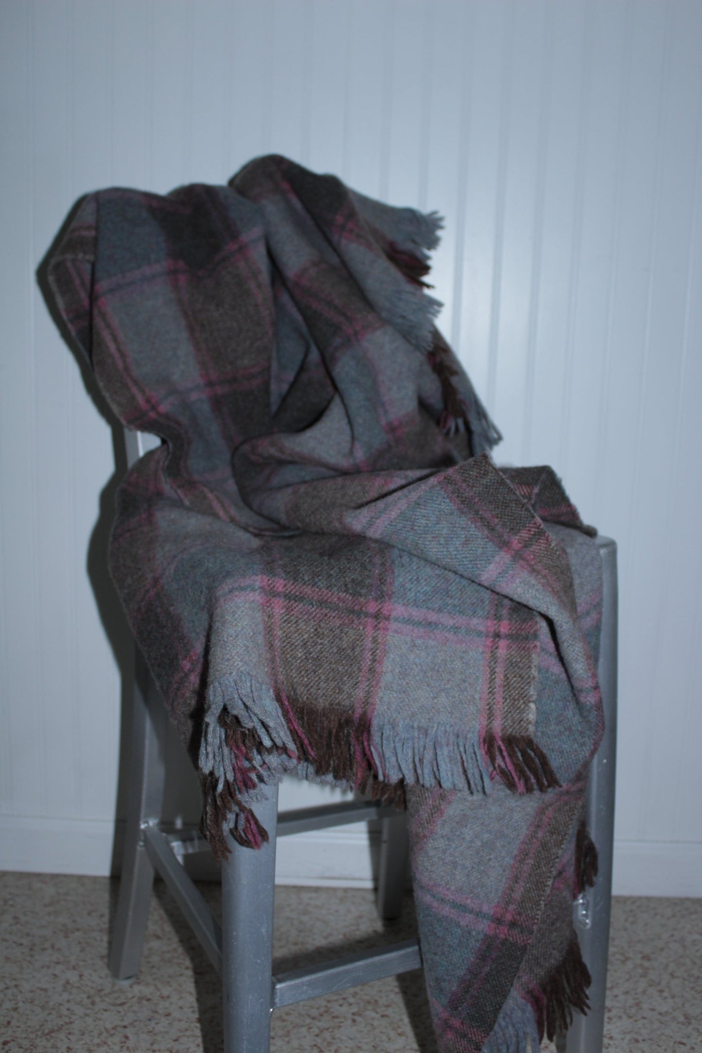 Fringed Wool Throw Shawl Heather Subtle Plaid Lavender Blues Greys warm