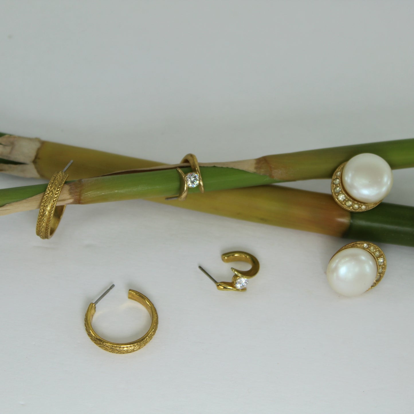 Collection 3 Pairs Post Stud Earrings Gold Tone Hoops Crystal Pearl