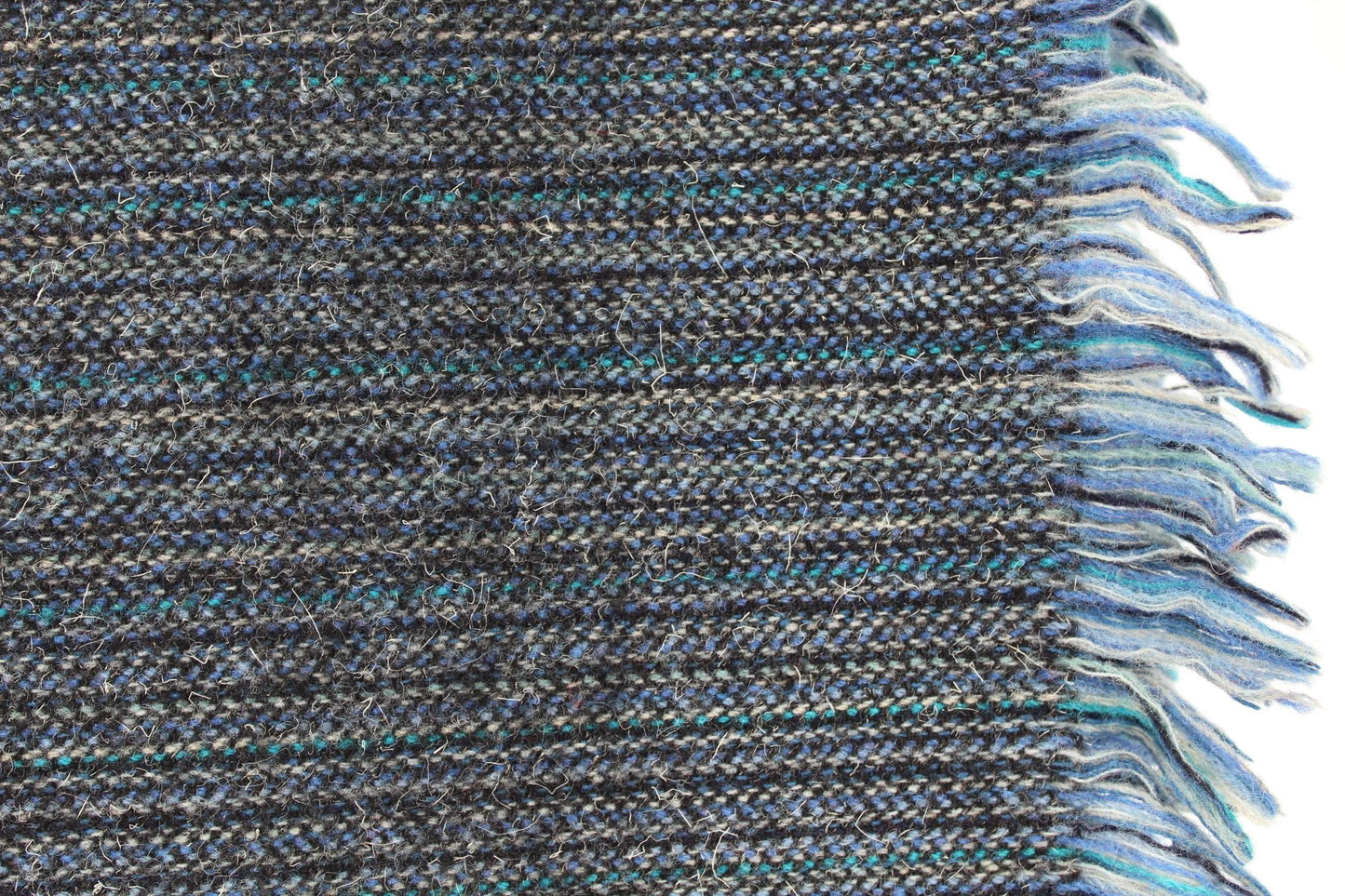 Handsome Wool Throw Blanket Shades of Blue Mixed Linear Woven Fiber 61" X 64" + Fringe all year weight
