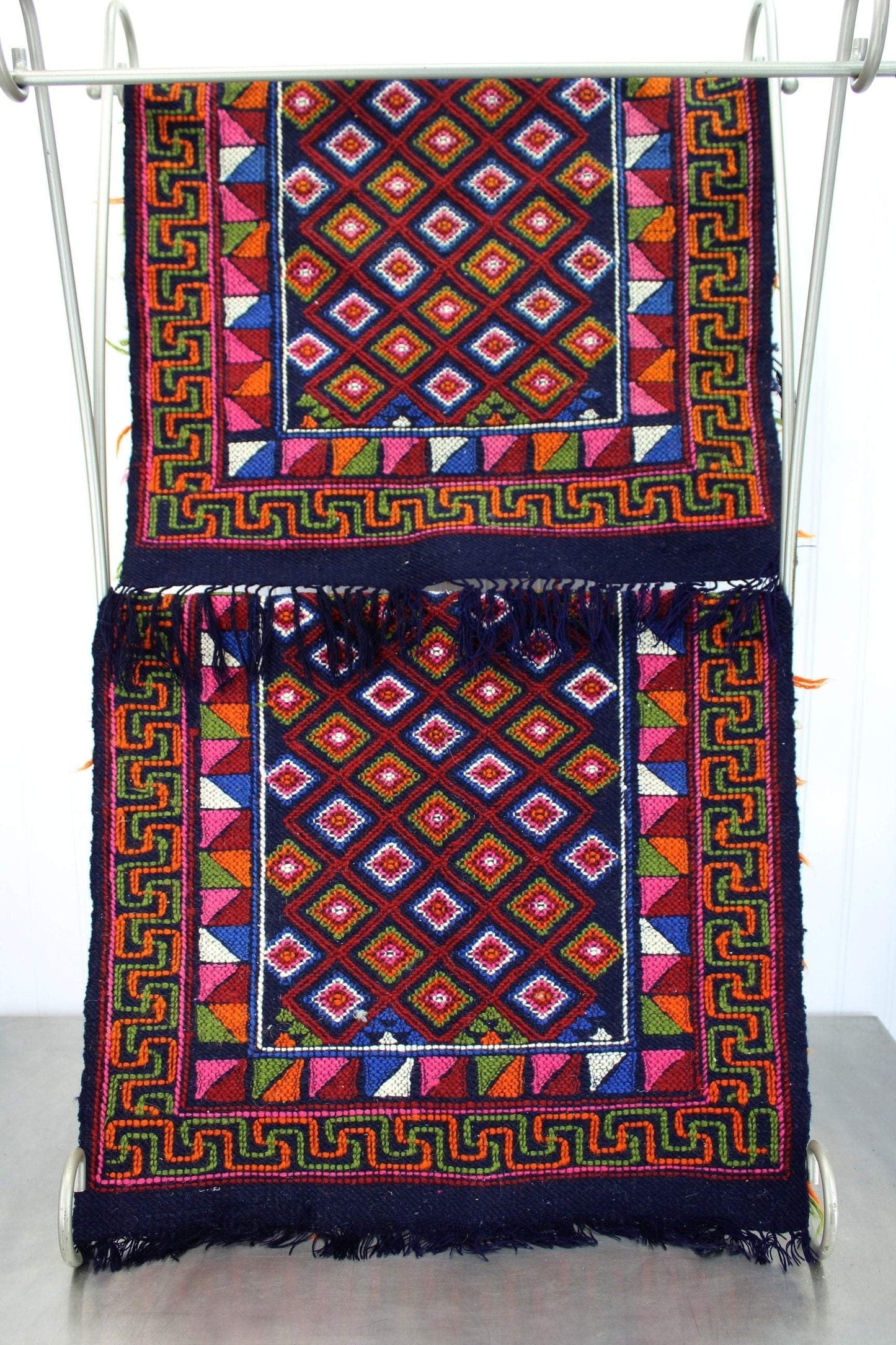 Pair 2 Small Vintage Prayer Meditation Rugs Nepal -  Hand Made Woven Fringed beautiful small rugs