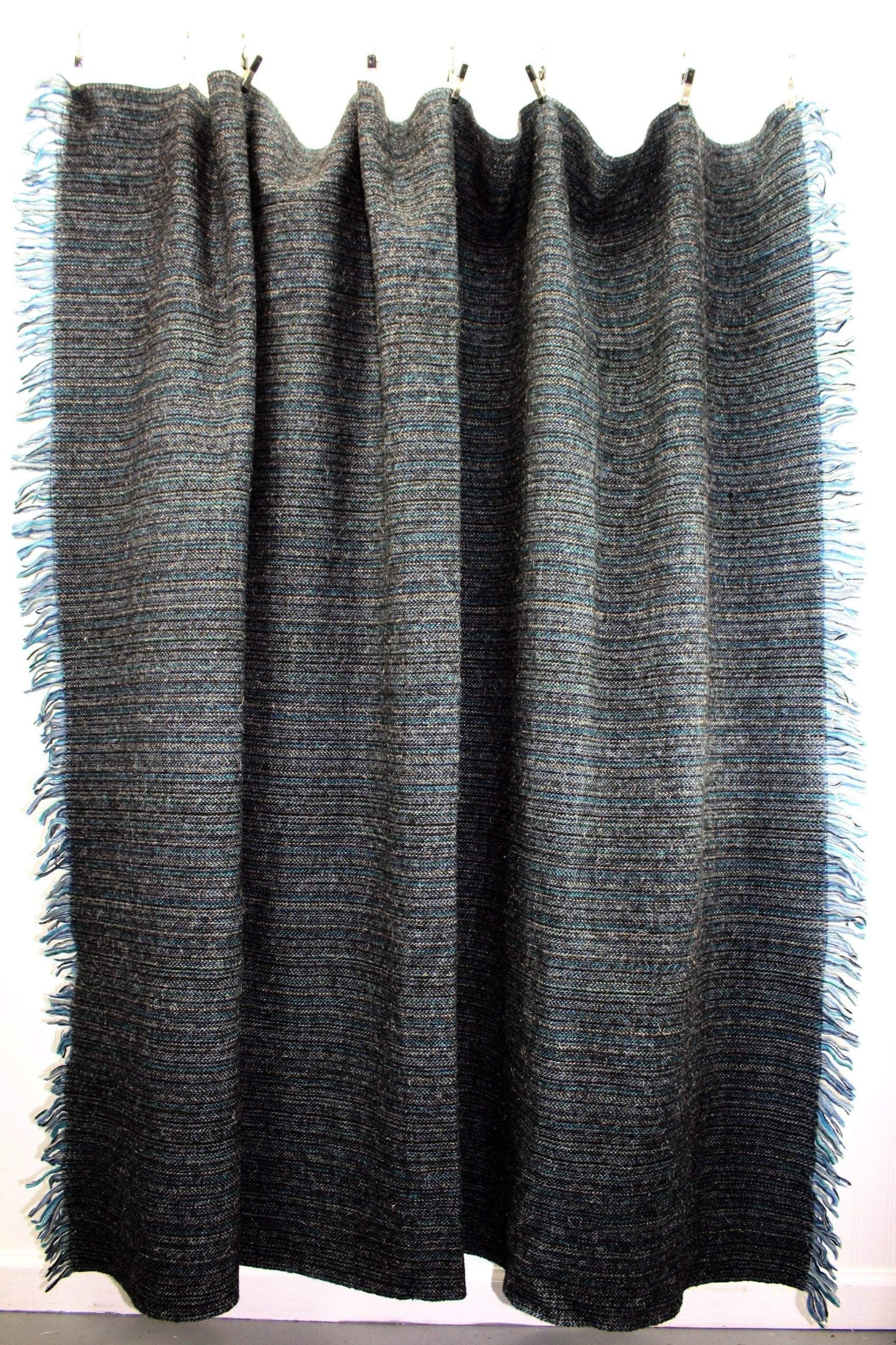 Handsome Wool Throw Blanket Shades of Blue Mixed Linear Woven Fiber 61" X 64" + Fringe decorator item