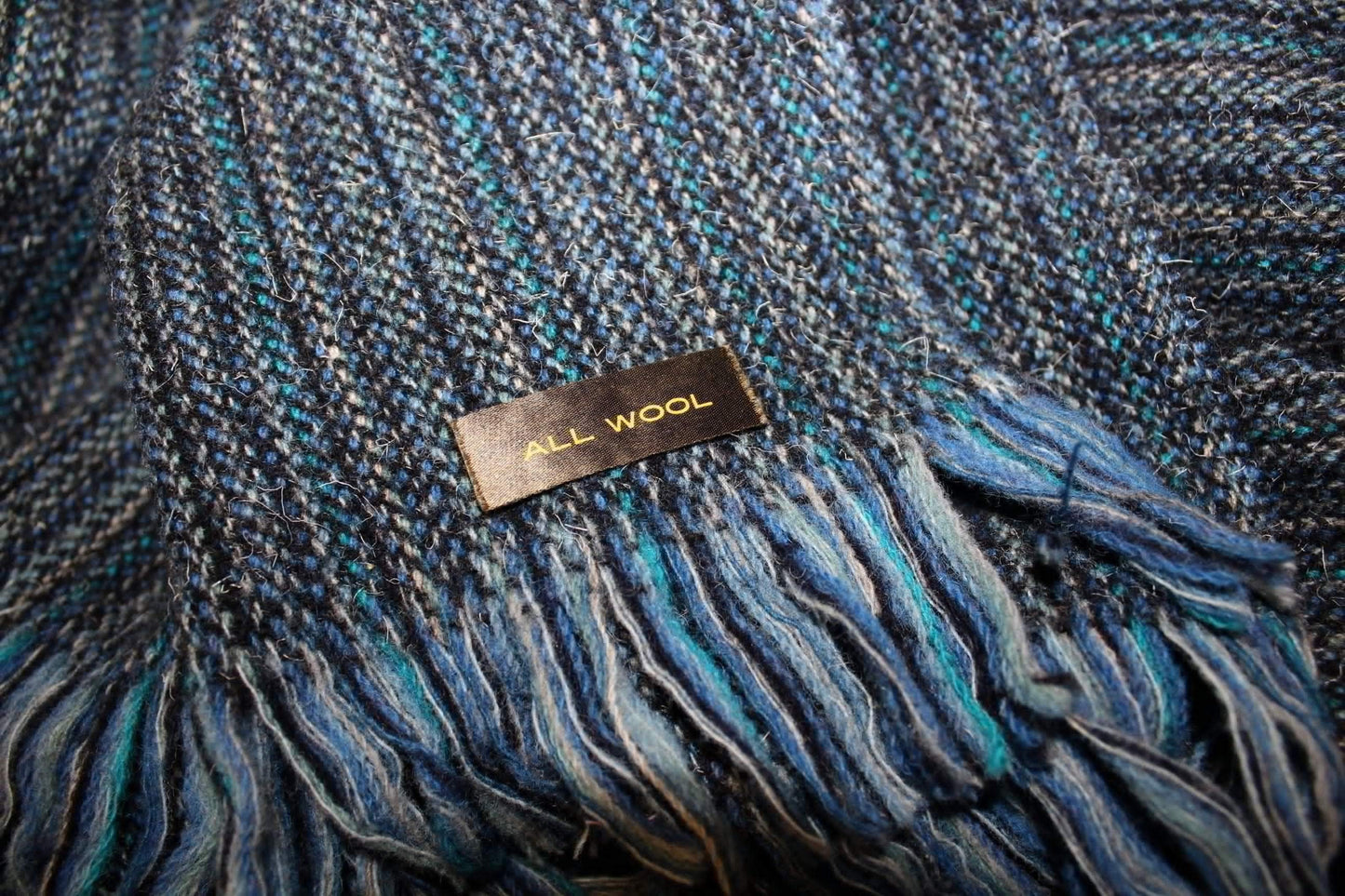 Handsome Wool Throw Blanket Shades of Blue Mixed Linear Woven Fiber 61" X 64" + Fringe fiber tag