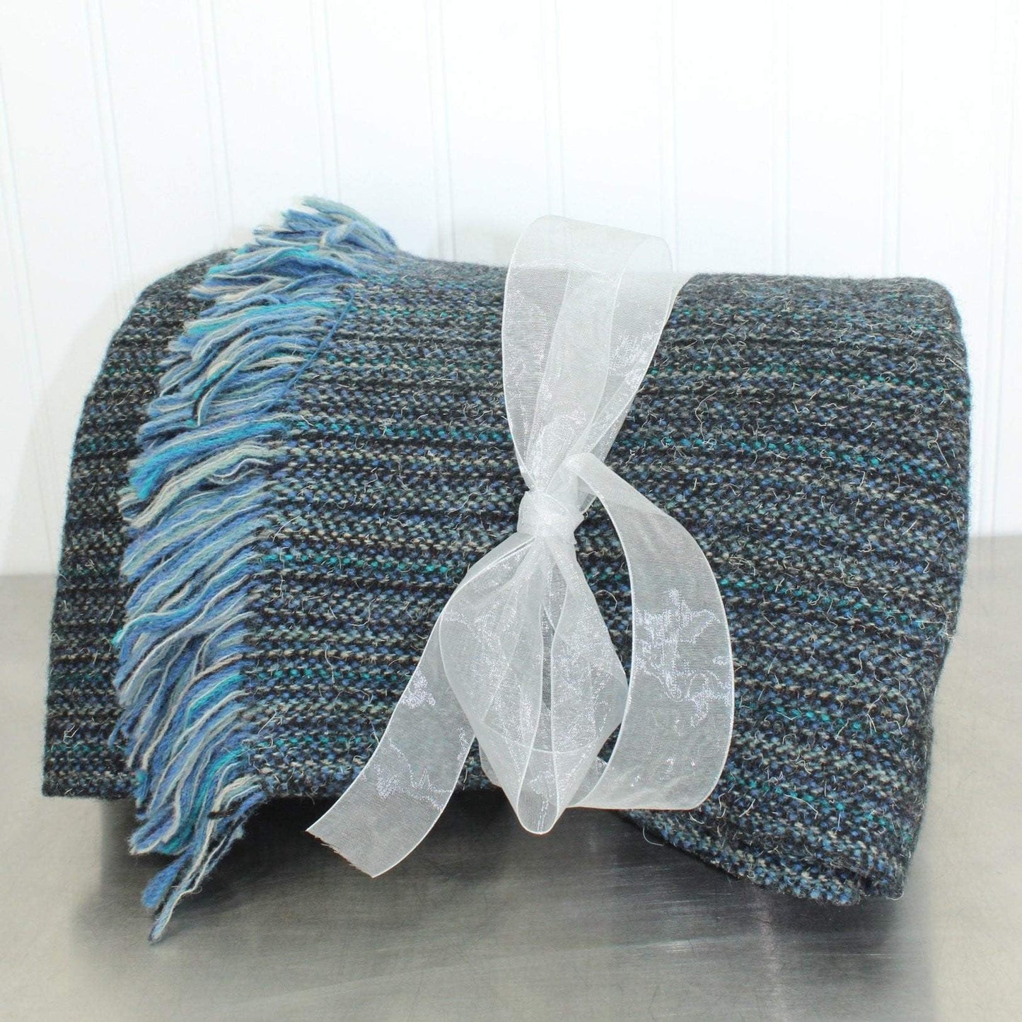 Handsome Wool Throw Blanket Shades of Blue Mixed Linear Woven Fiber 61" X 64" + Fringe