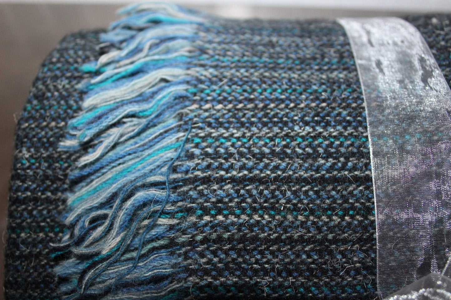 Handsome Wool Throw Blanket Shades of Blue Mixed Linear Woven Fiber 61" X 64" + Fringe navy to sky blue