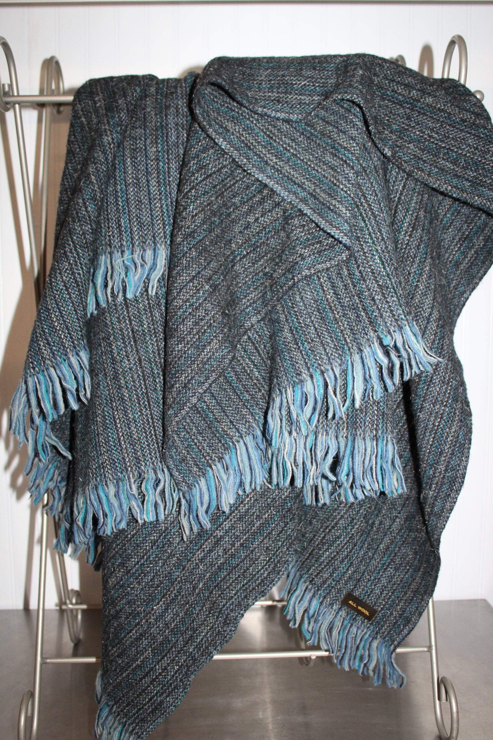 Handsome Wool Throw Blanket Shades of Blue Mixed Linear Woven Fiber 61" X 64" + Fringe unusual