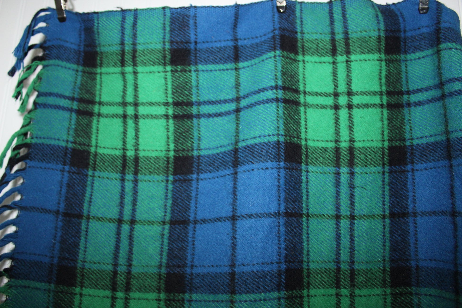 Wool Throw Blue Green Tartan Plaid Fringed Ends 65" X 53" warm