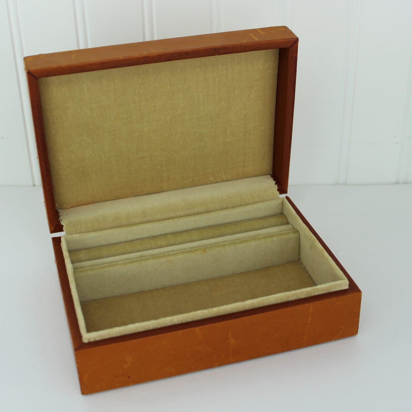 Mid Century Jewel Boxes Brown Leather Green Faux Skin interior brown box