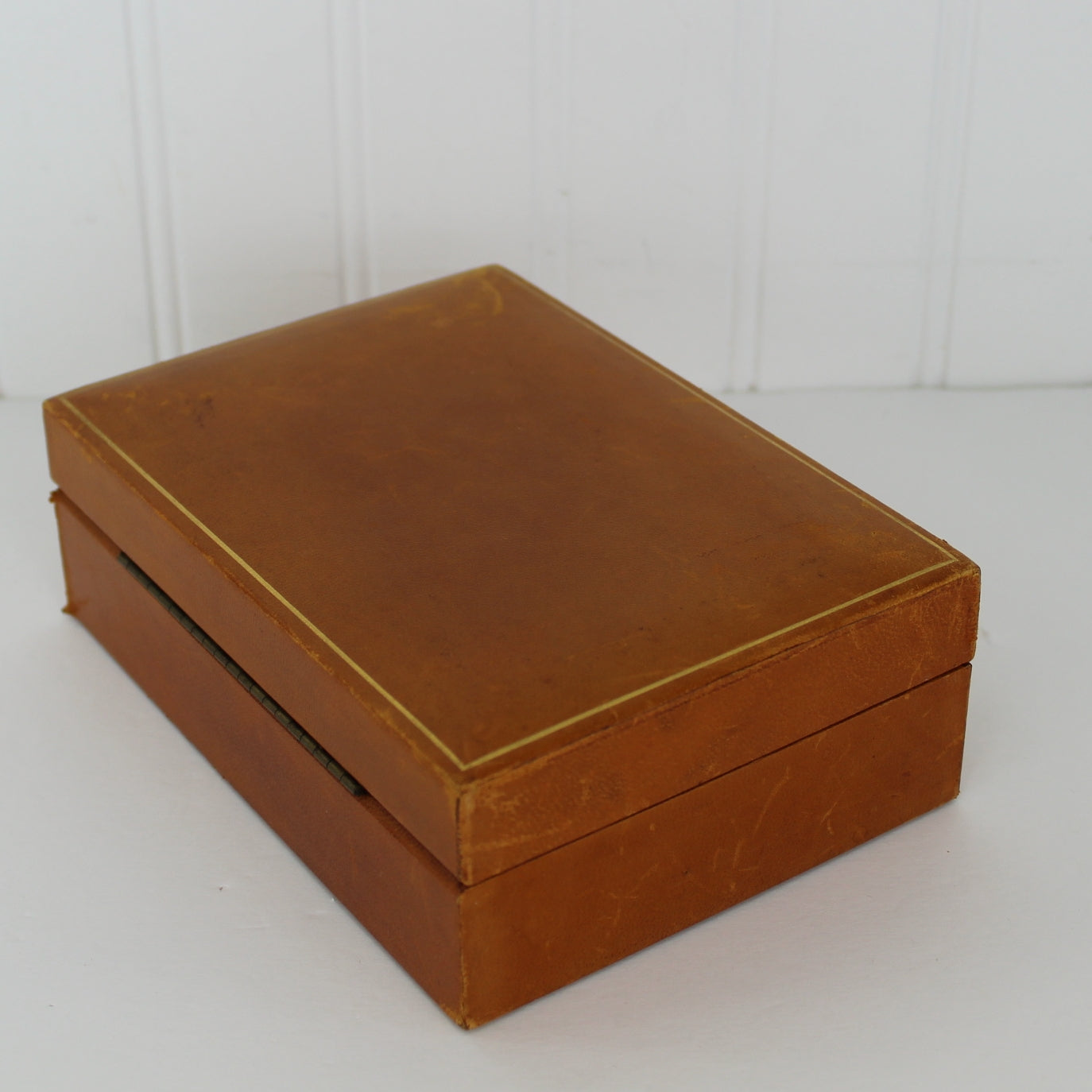 Mid Century Jewel Boxes Brown Leather Green Faux Skin outside brown box