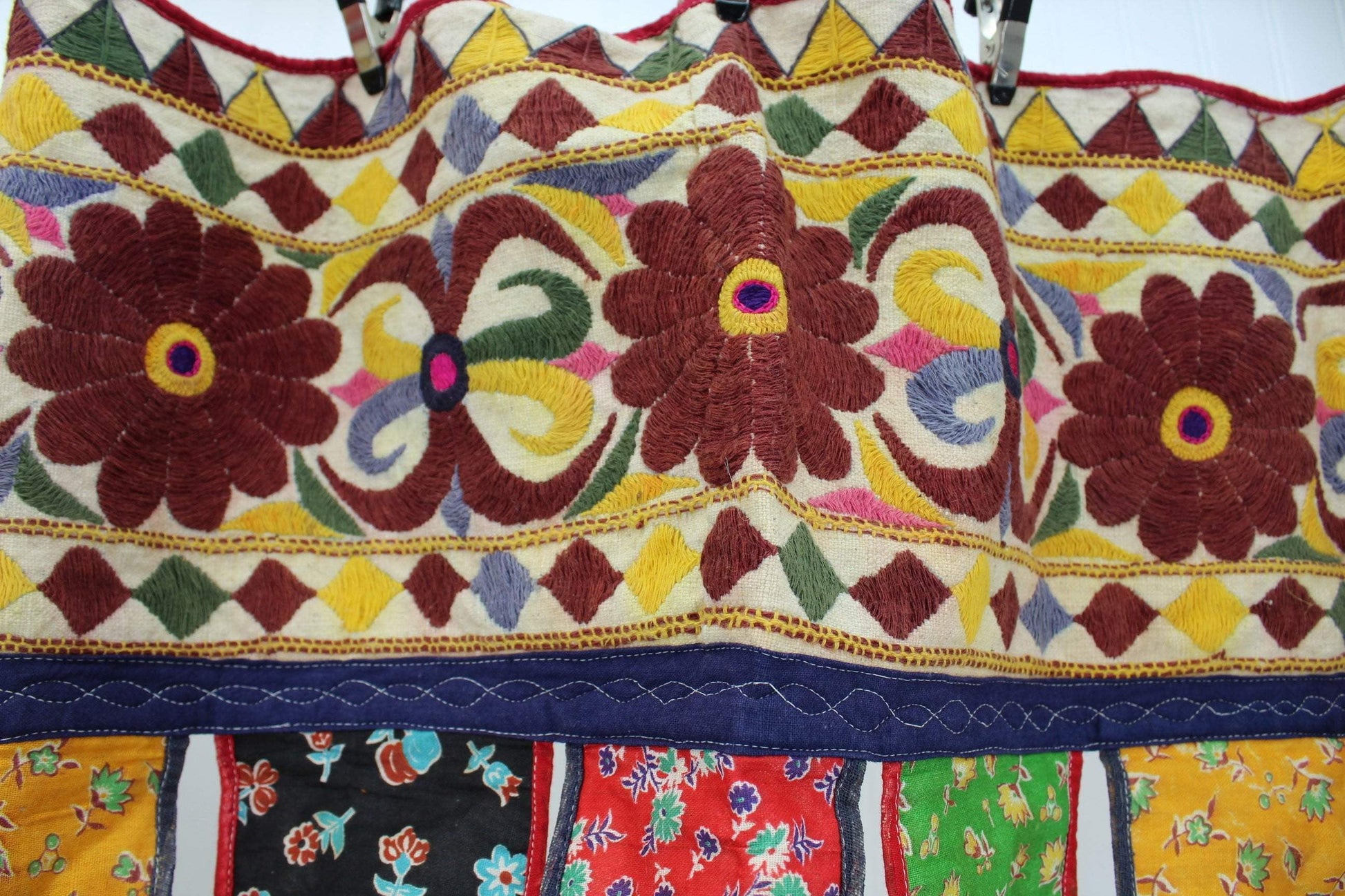 Vintage India Toran Window Door Valance - Patchwork Embroidery Flowers Fleur de Lis bright colors