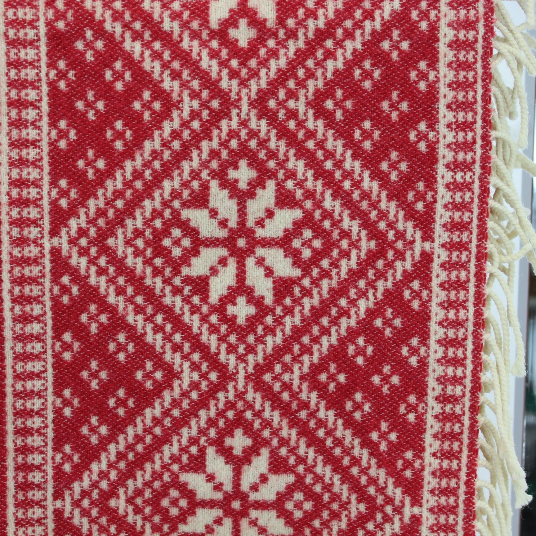 Coming Home Wool Throw Holiday Winter Snowflake Design Red White 2 Available closeup of border and fringe