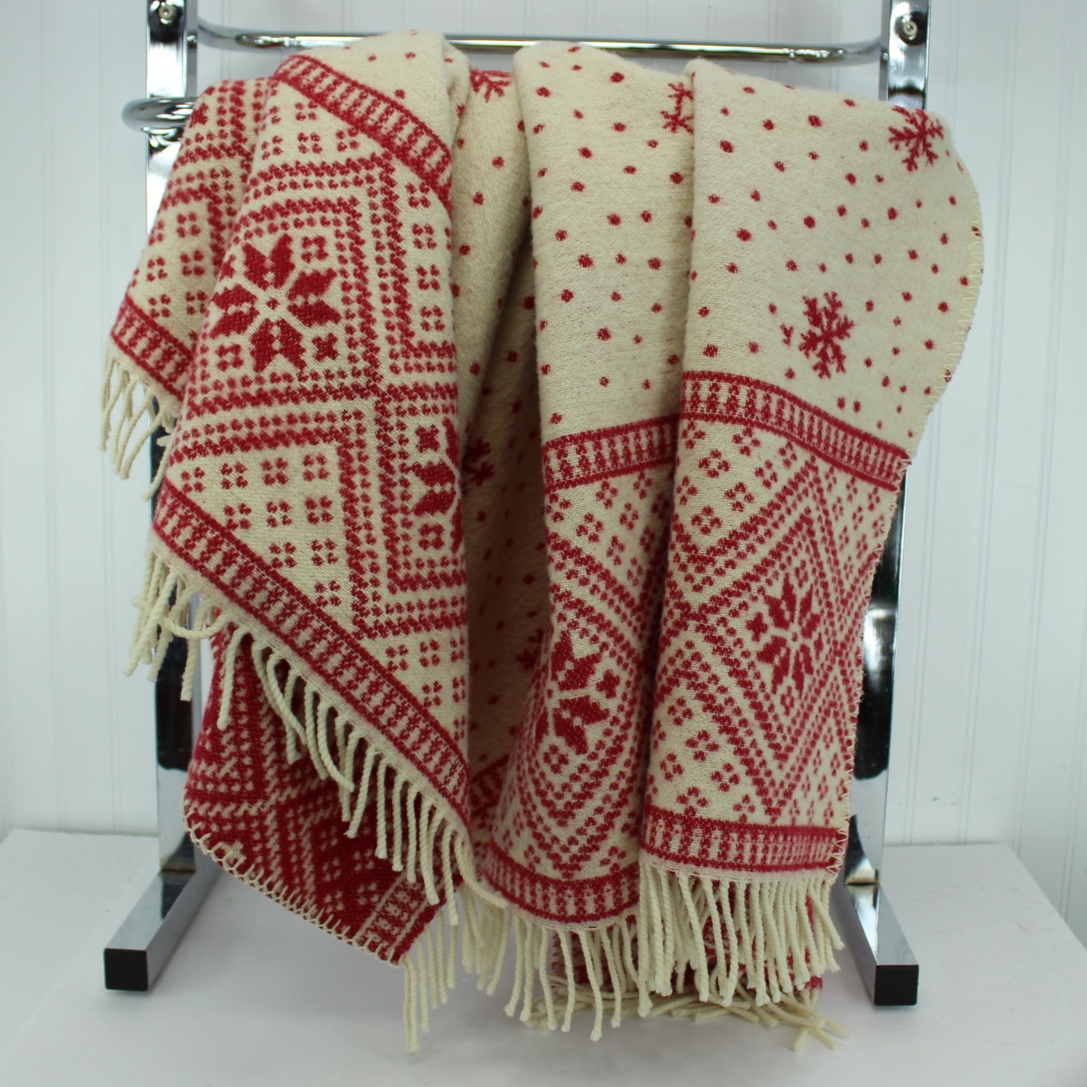 Coming Home Wool Throw Holiday Winter Snowflake Design Red White 2 Available reverses to creamy white