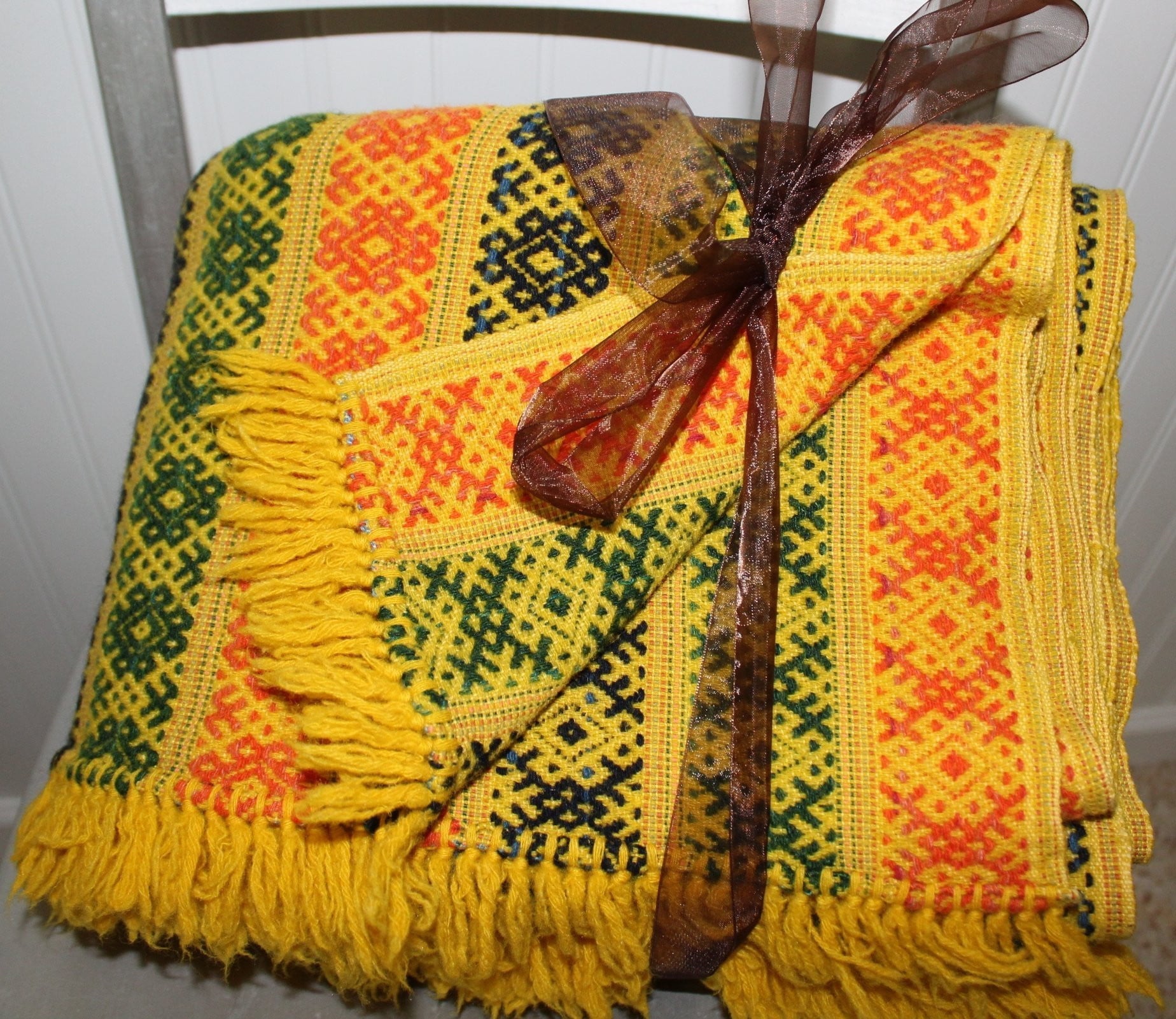 Vintage Ukraine Fiber Art Woven Wool Runner Bed Decor Shawl 50" X 78" Estate Item