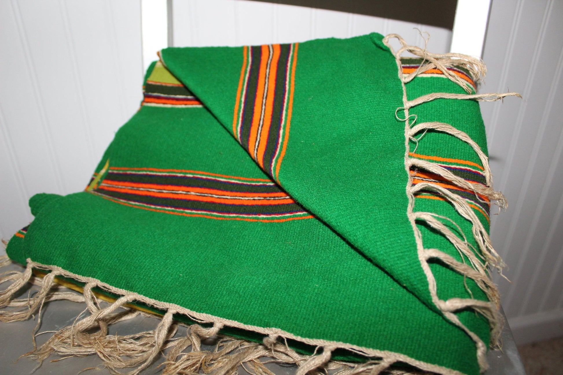 Estate Ukraine Woven Wool Blend Runner Bed Decor Shawl 26" X 78" Bright Green Orange Yellow