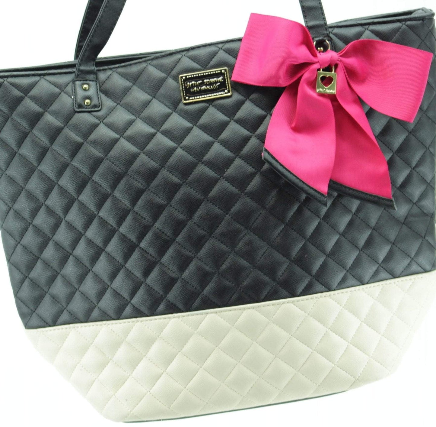 Betsey Johnson Quilted Satchel Bag - Black White Bow Heart cool lining