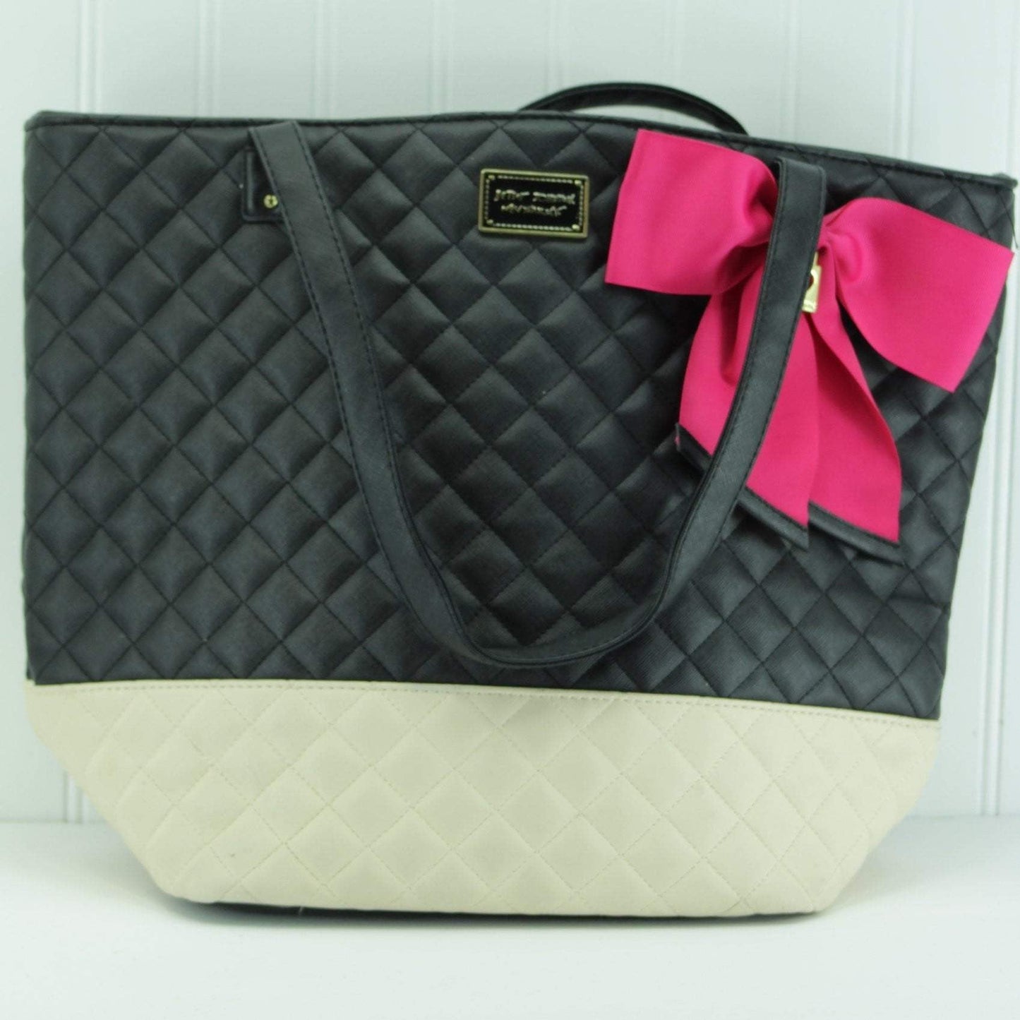 Betsey Johnson Quilted Satchel Bag - Black White Bow Heart