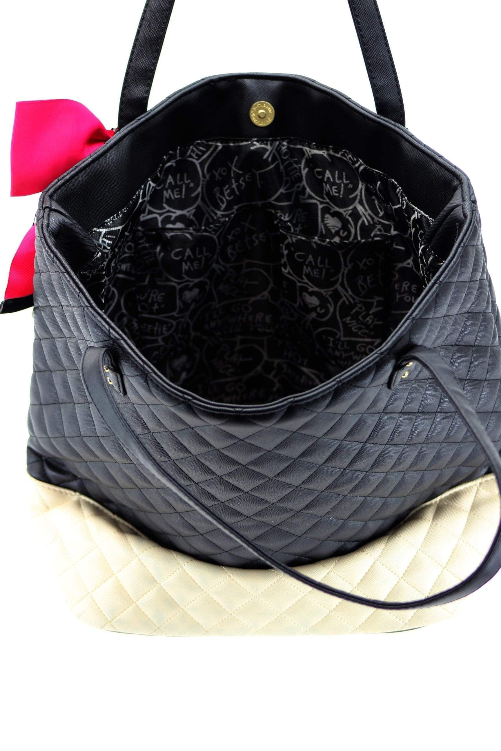 Betsey Johnson Quilted Satchel Bag - Black White Bow Heart weekender