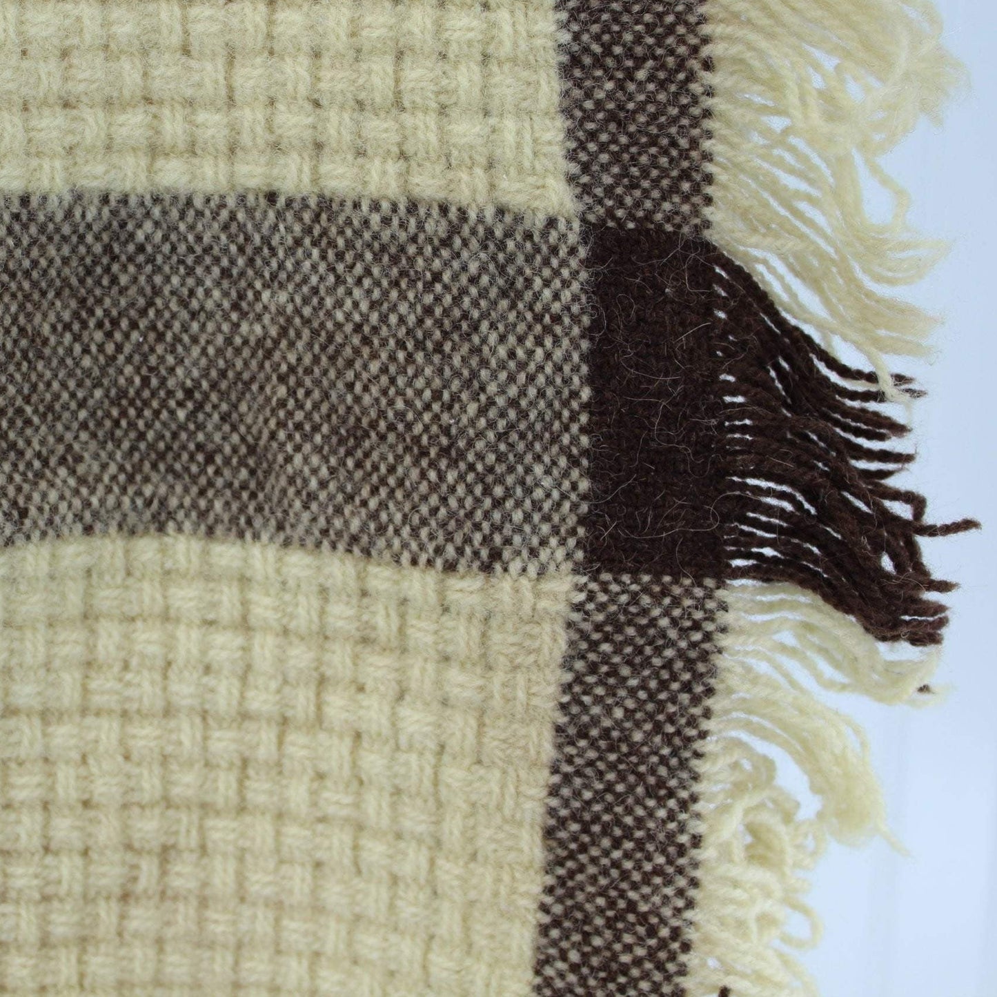 Faribo Wool Throw - Ivory & Brown Big Checks Basketweave - Special soft nice weave