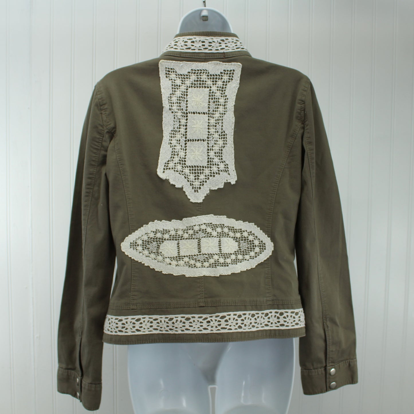 Express Cotton Jacket Mandarin Collar Enhanced Patzi Design Lace Doily Repurposed back view of express jacket