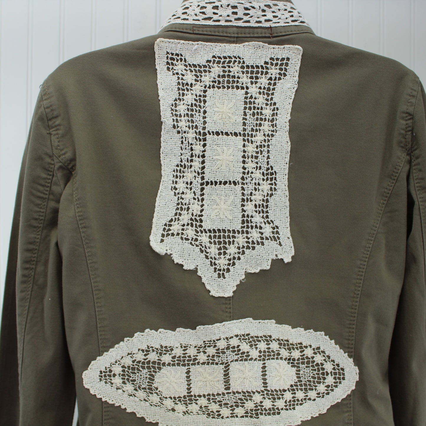 Express Cotton Jacket Mandarin Collar Enhanced Patzi Design Lace Doily Repurposed closeup of lacy doilies on jacket back