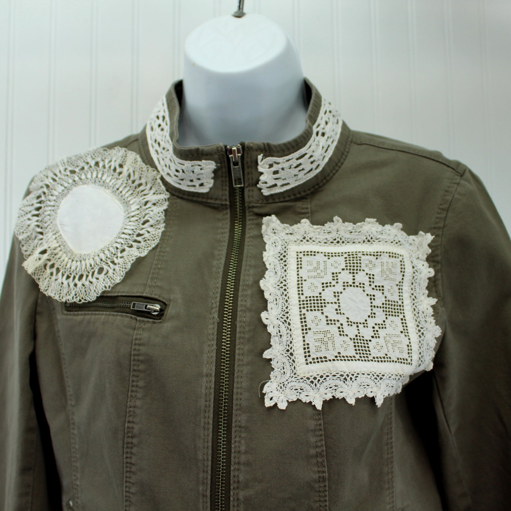 Express Cotton Jacket Mandarin Collar Enhanced Patzi Design Lace Doily Repurposed front closeup of lace and doilies 