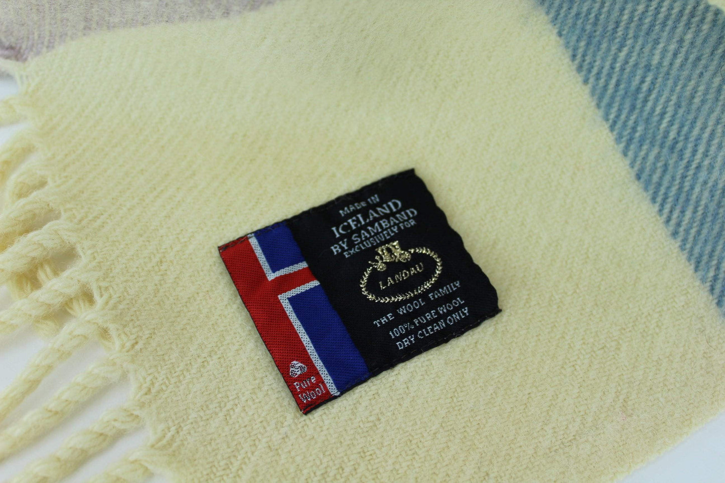 Samband for Adrienne Landau Wool Blanket - Ivory Bands of Blue Lavender original tag
