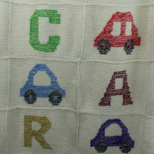 Hand Knit Throw Blanket Cars Trucks Cross Stitched Washable Blend Yarn