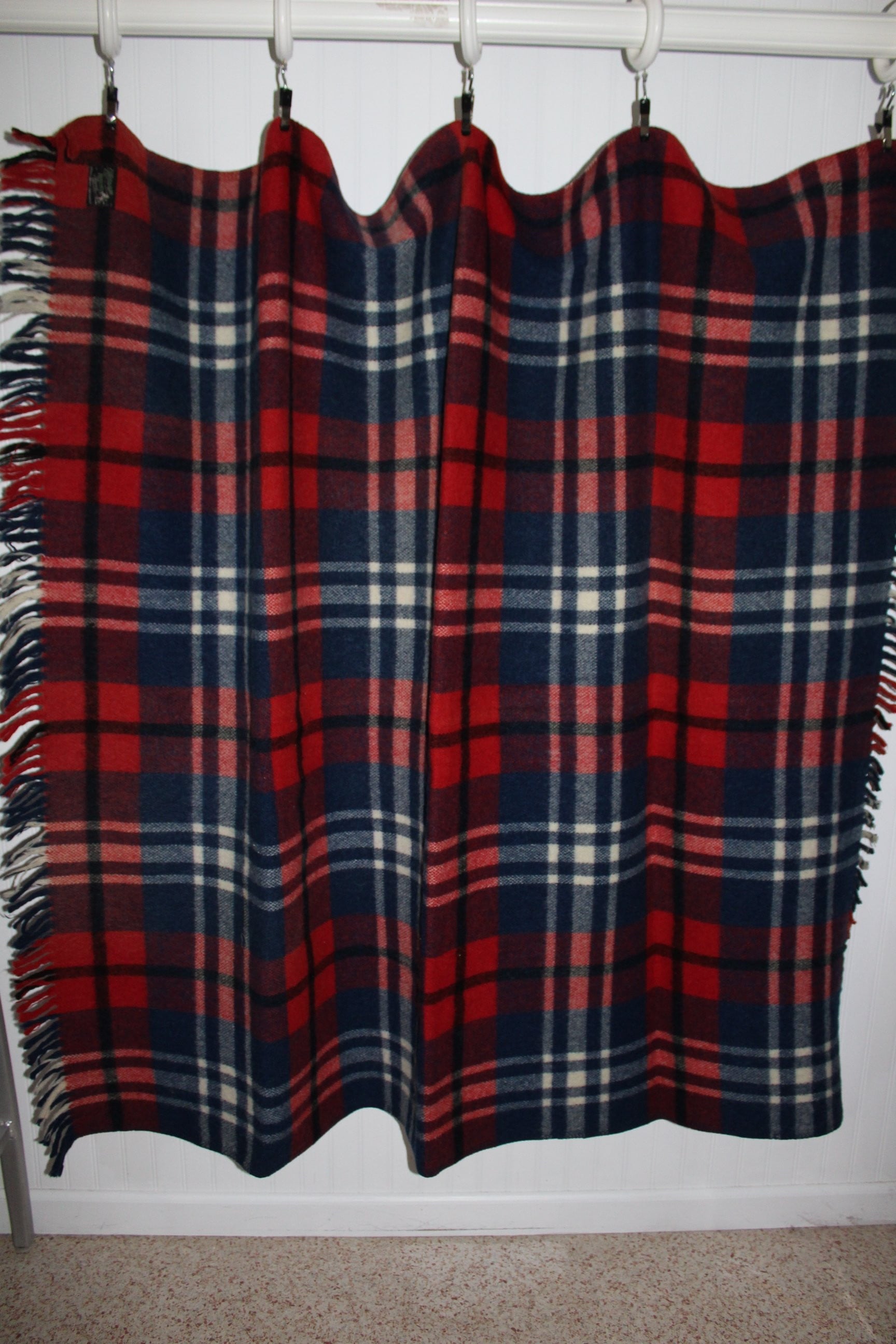 AYERS Rough Rider Wool Blanket Fringed Throw Red White Blue 56" X 62" Canada