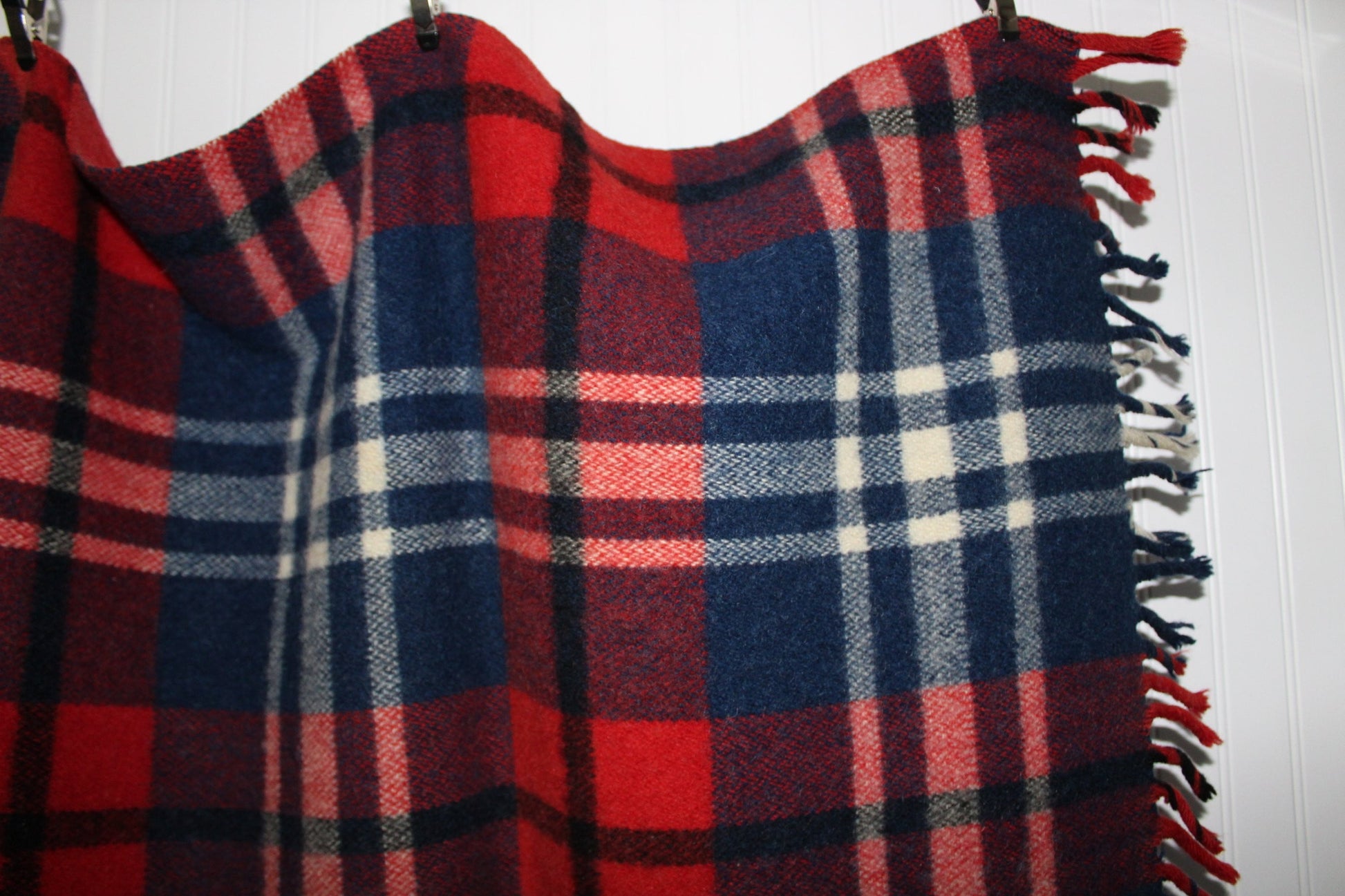 AYERS Rough Rider Wool Blanket Fringed Throw Red White Blue 56" X 62" thick