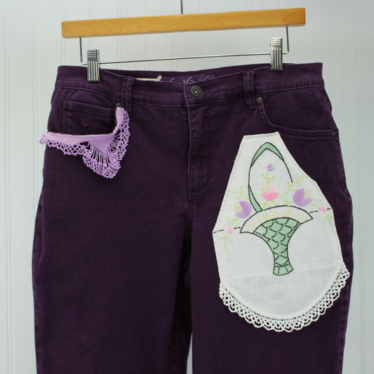 Gloria Vanderbilt Purple Jeans Patzi Design Embroidery Flower Basket Size 8 Short