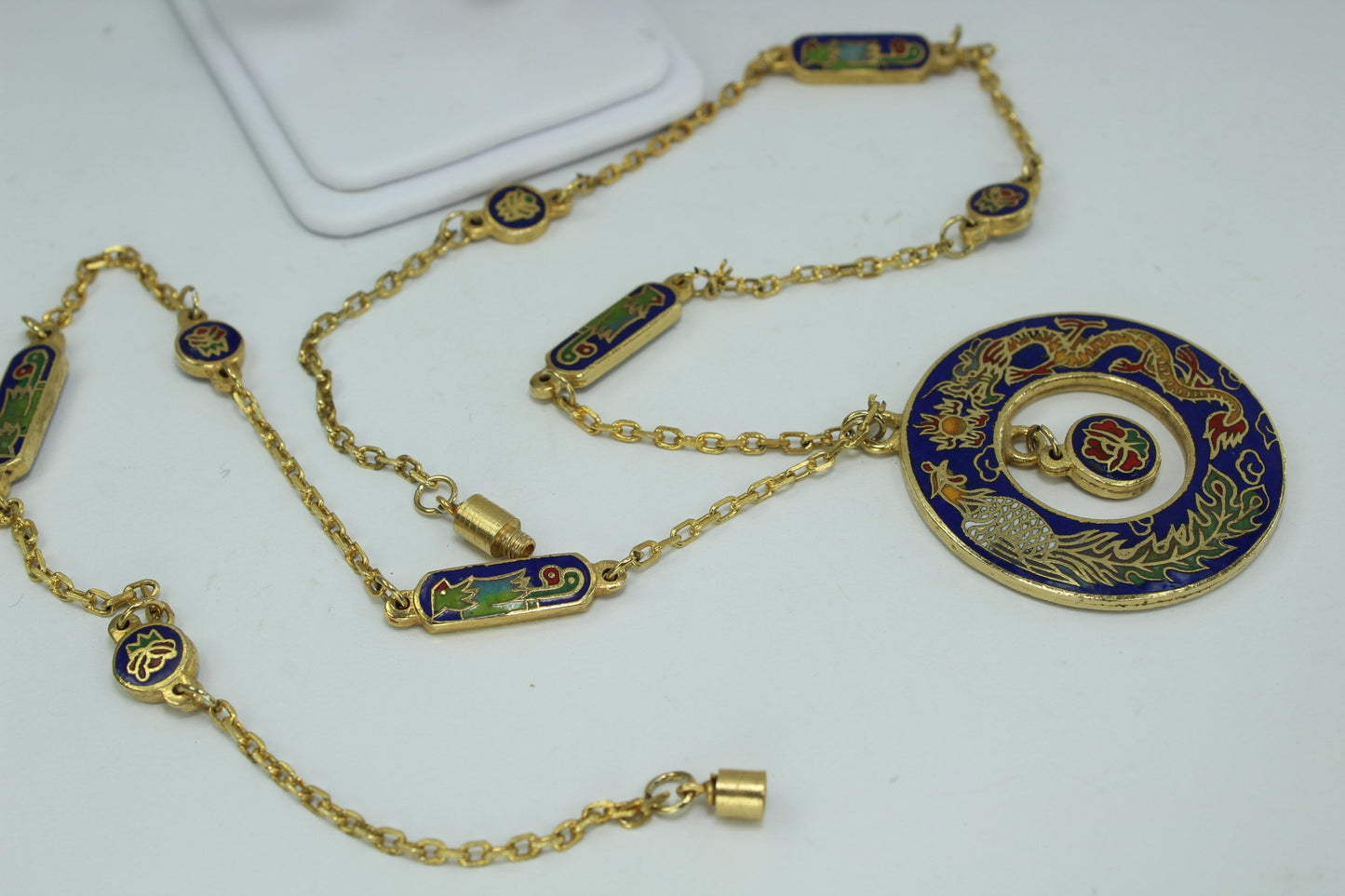 Vintage Cloisonne Set Intricate Design Dragon Phoenix Necklace Earrings Fantastic Colors rare set